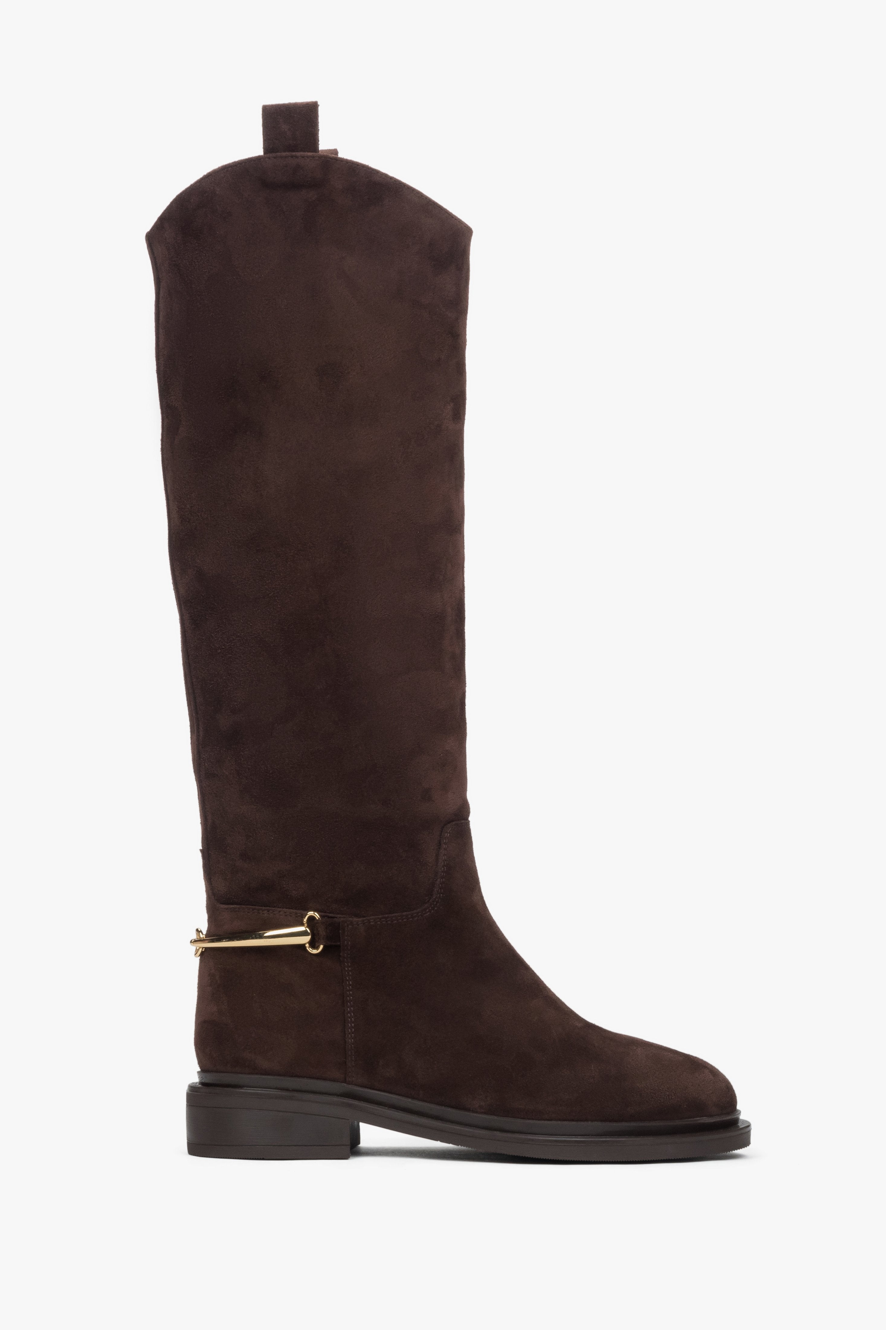 Women's Dark Brown Over-the-Knee Boots made of Genuine Velour with a Gold Buckle Estro ER00118213.