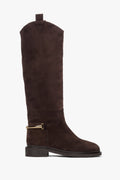 Women's Dark Brown Knee-High Boots made of Genuine Velour with a Gold Buckle Estro ER00118213.