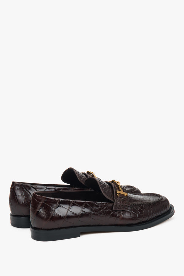 Dark brown women’s patent leather loafers with a decorative buckle Estro.