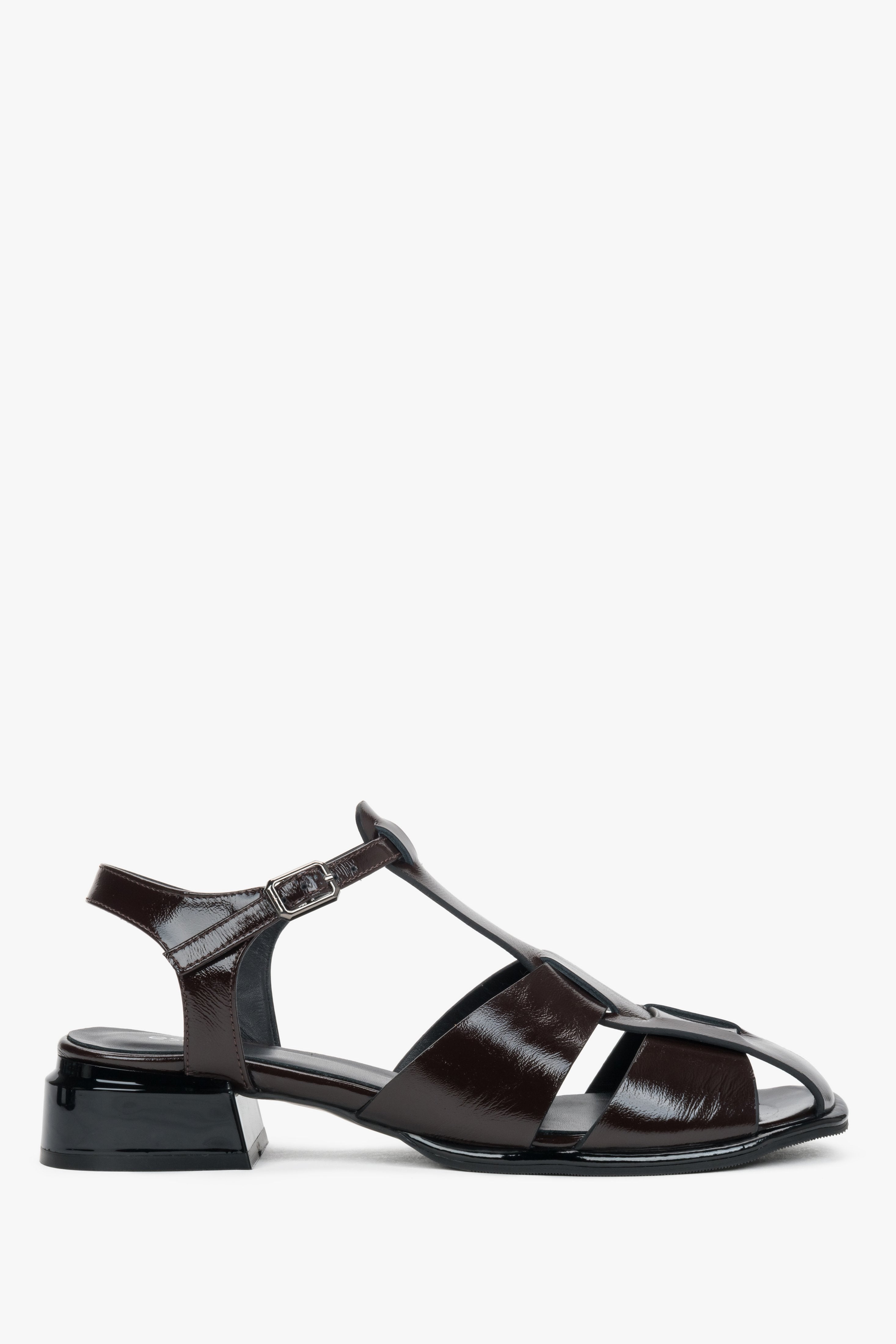 Women's Dark Brown Low-Heeled Sandals made of Patent Genuine Leather ER00119574.