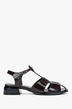 Women's Dark Brown Low-Heeled Sandals made of Patent Genuine Leather ER00119574.