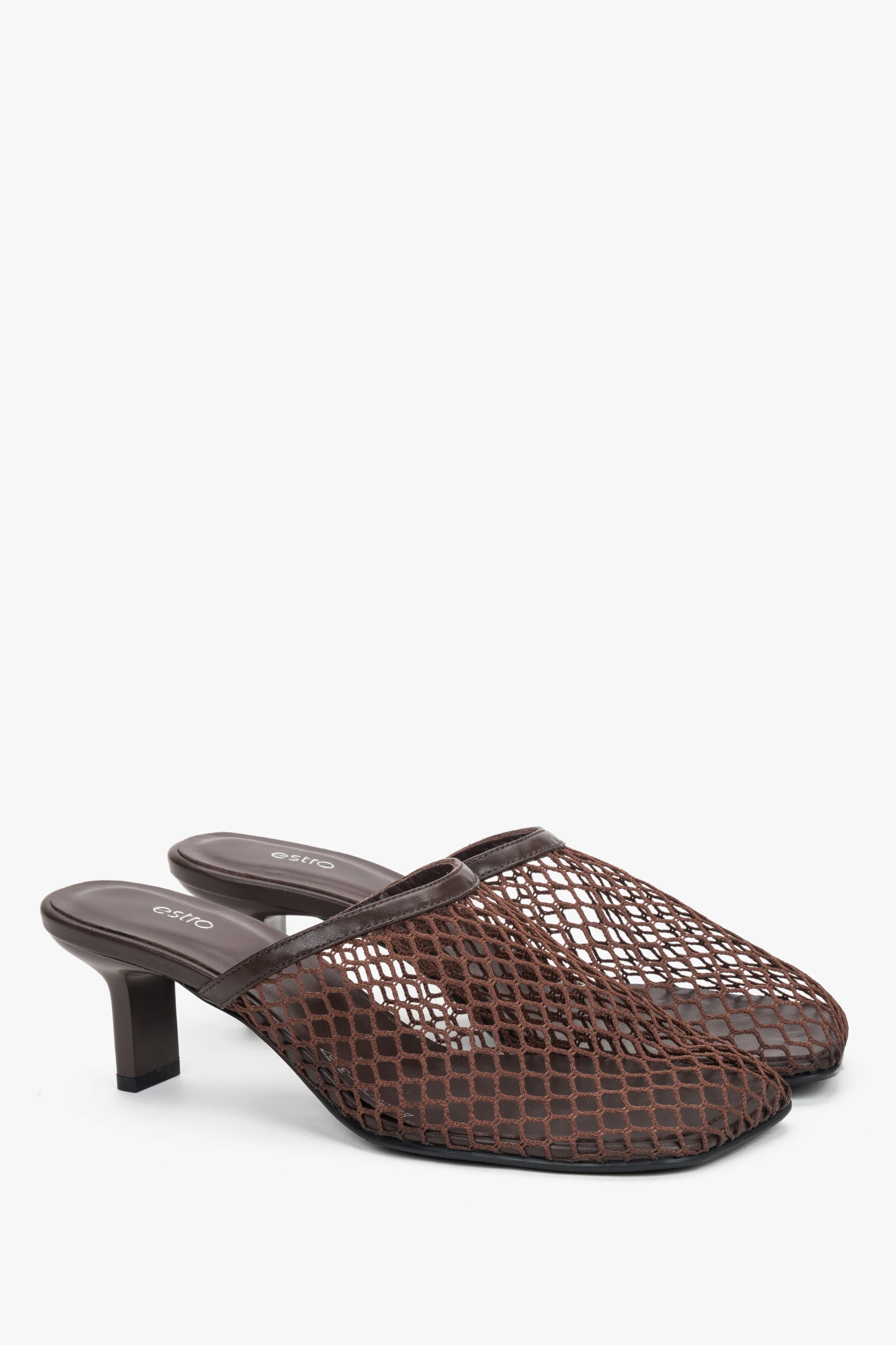 Women’s dark brown openwork mule-style slip-on sandals on a stable stiletto heel.