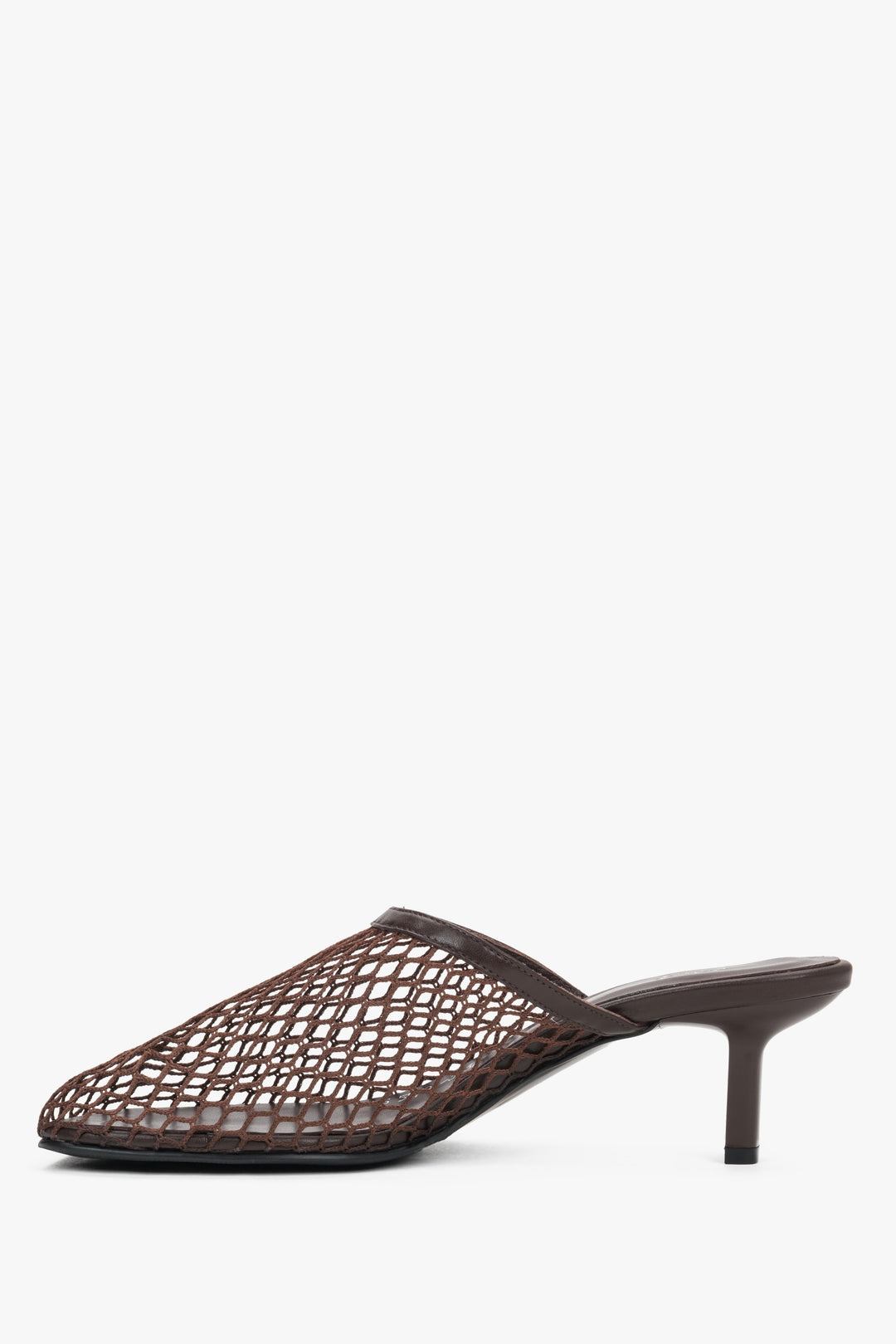 Women’s dark brown openwork mule-style slip-on sandals by Estro on a stable stiletto heel – side view.