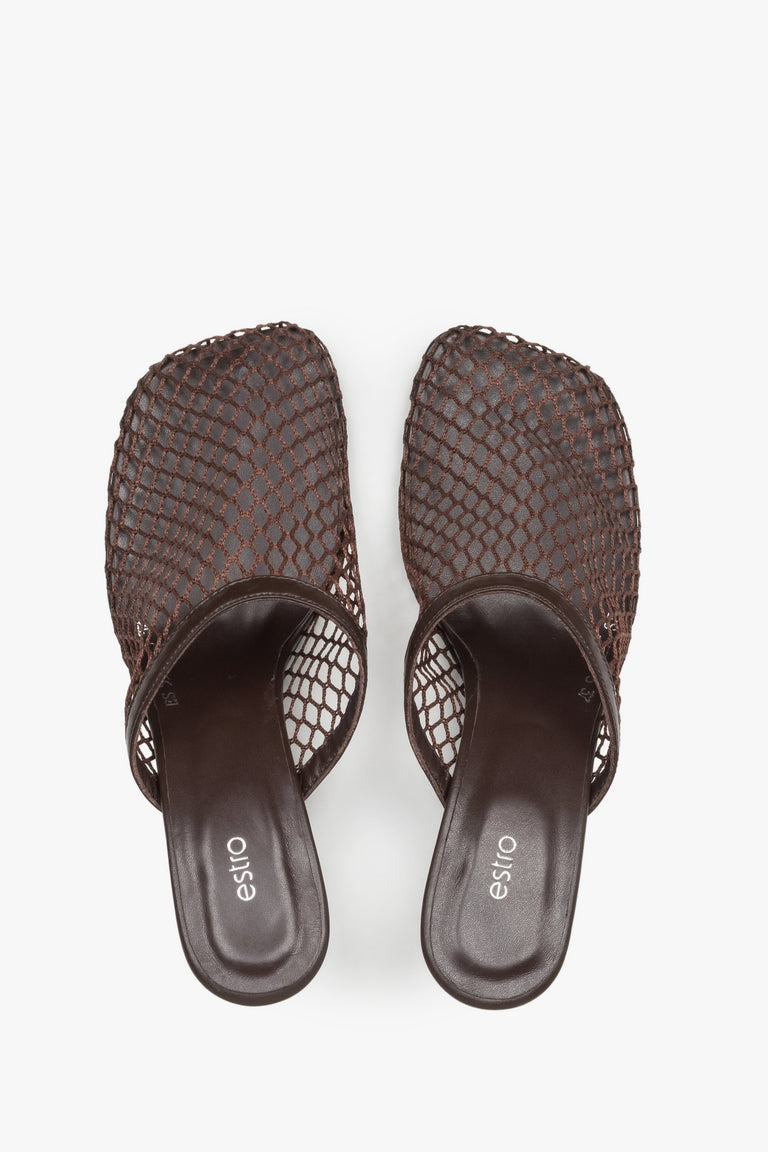 Women’s dark brown openwork mule-style slip-on sandals on a stable stiletto heel by Estro – top view.