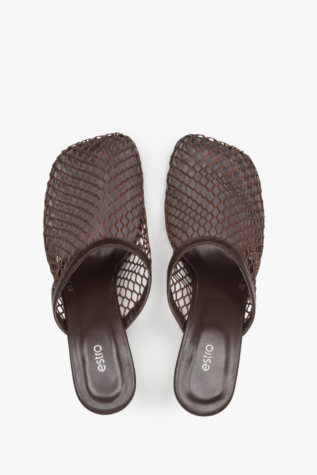 Women’s dark brown openwork mule-style slip-on sandals on a stable stiletto heel by Estro – top view.