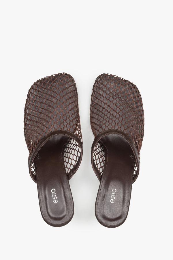 Women’s dark brown openwork mule-style slip-on sandals on a stable stiletto heel by Estro – top view.