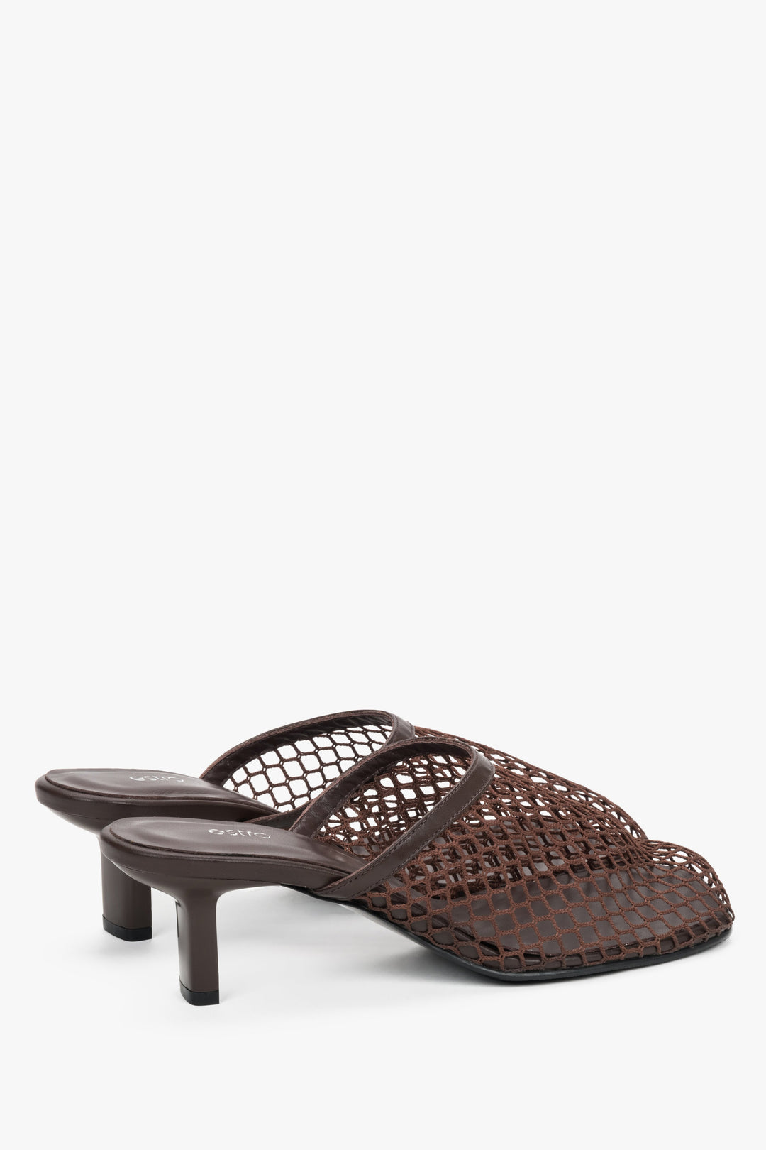 Women’s dark brown openwork mule-style slip-on sandals by Estro on a stable stiletto heel – heel view.