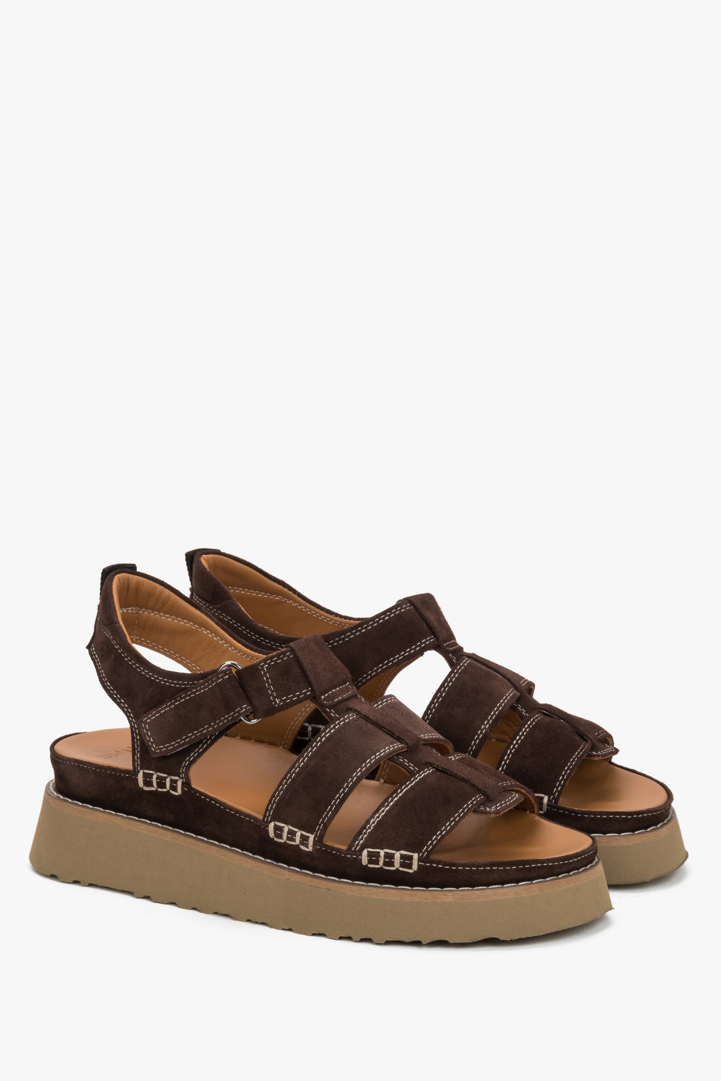 Women’s dark brown platform sandals in natural velour by Estro.