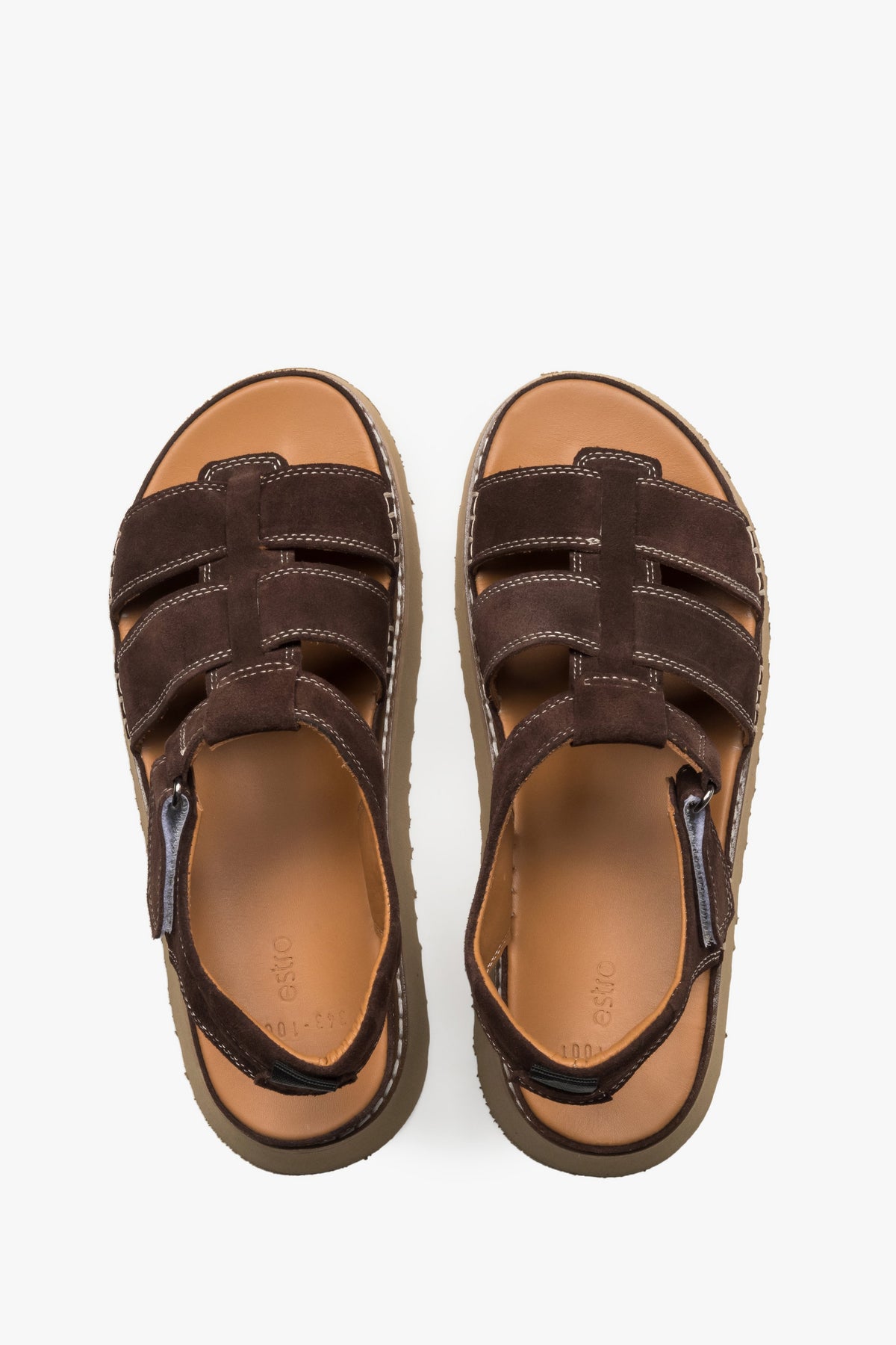 Dark brown women’s platform sandals in natural velour by Estro.