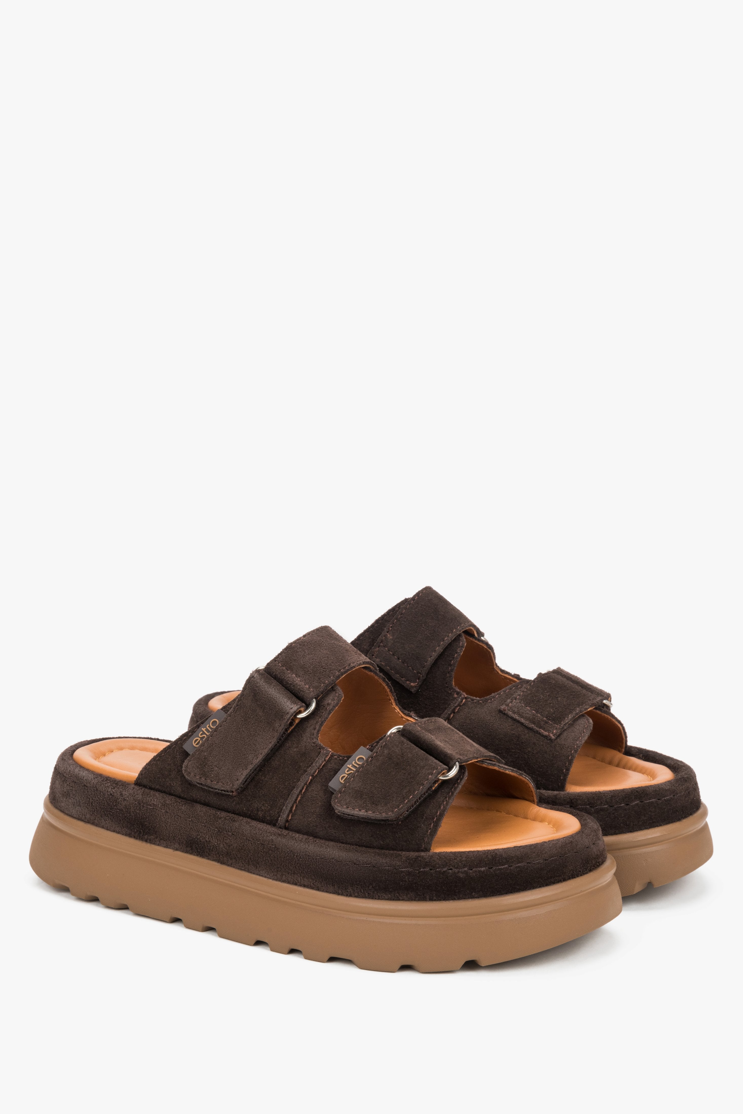 Women’s dark brown platform slide sandals made of genuine velour by Estro.