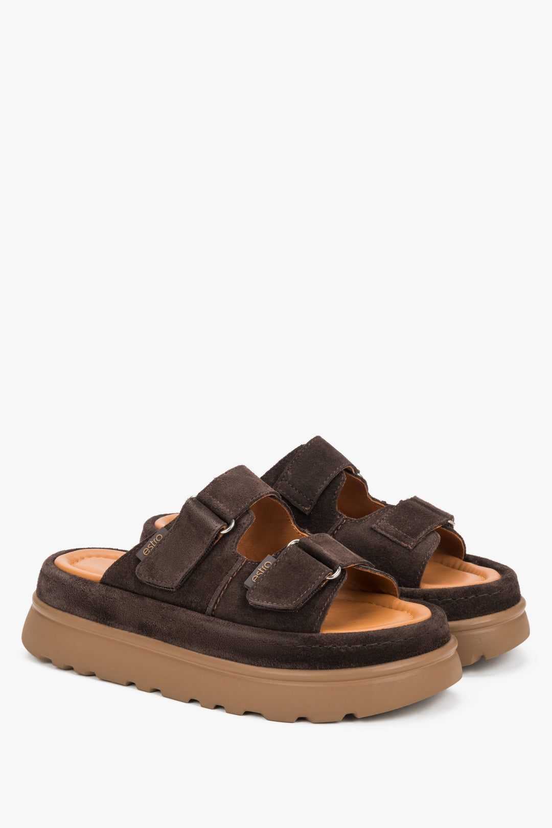 Women’s dark brown platform slide sandals made of genuine velour by Estro.
