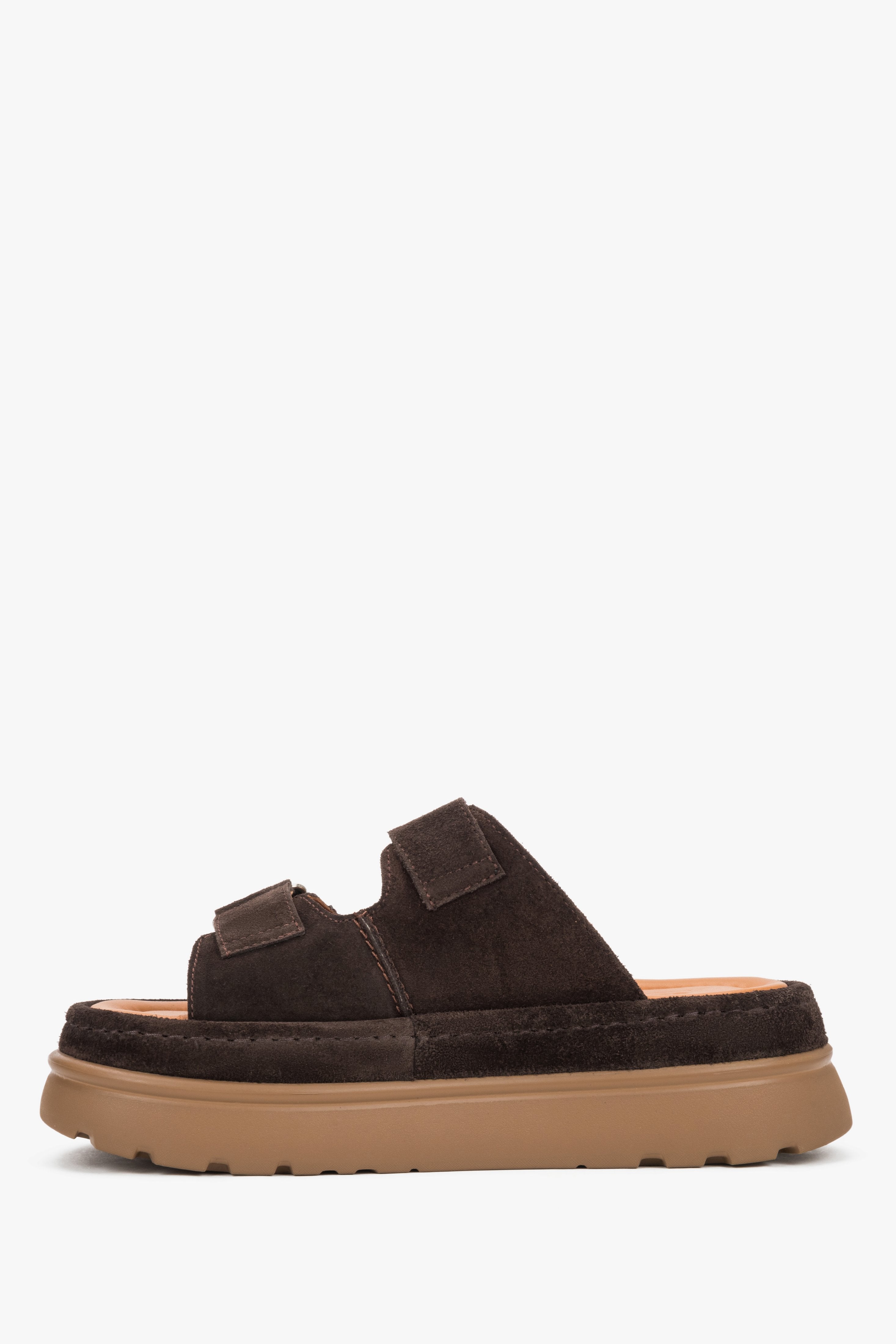 Women’s dark brown platform slide sandals made of genuine velour by Estro – side view.