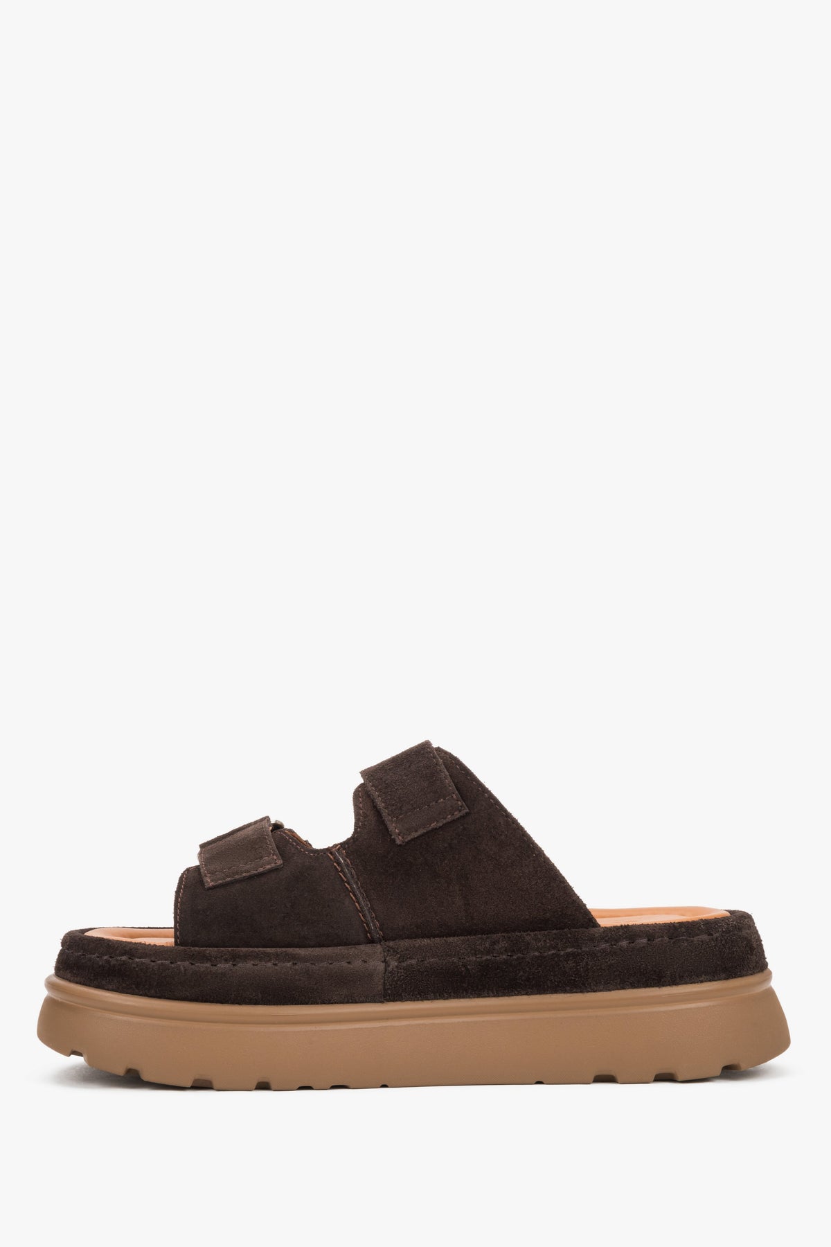 Women’s dark brown platform slide sandals made of genuine velour by Estro – side view.