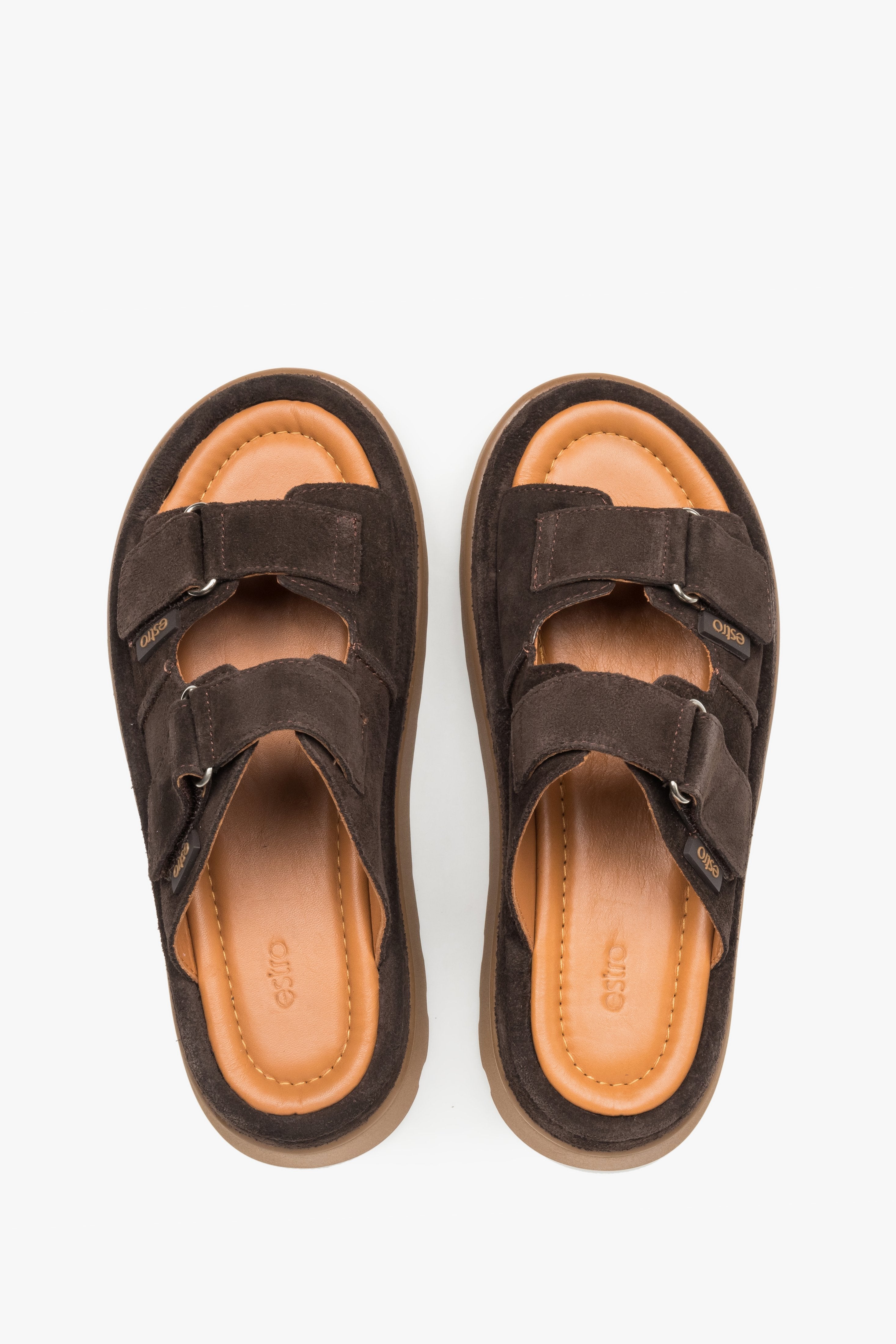 Women’s dark brown platform slide sandals made of genuine velour by Estro – top view.