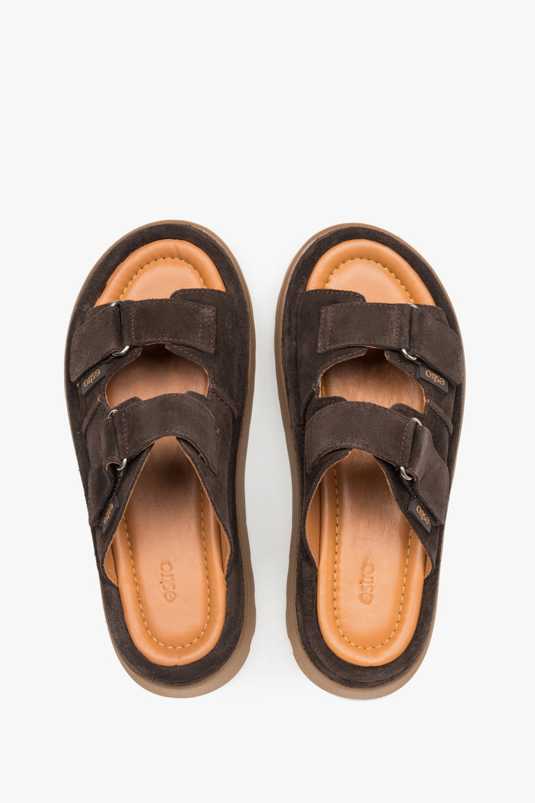 Women’s dark brown platform slide sandals made of genuine velour by Estro – top view.