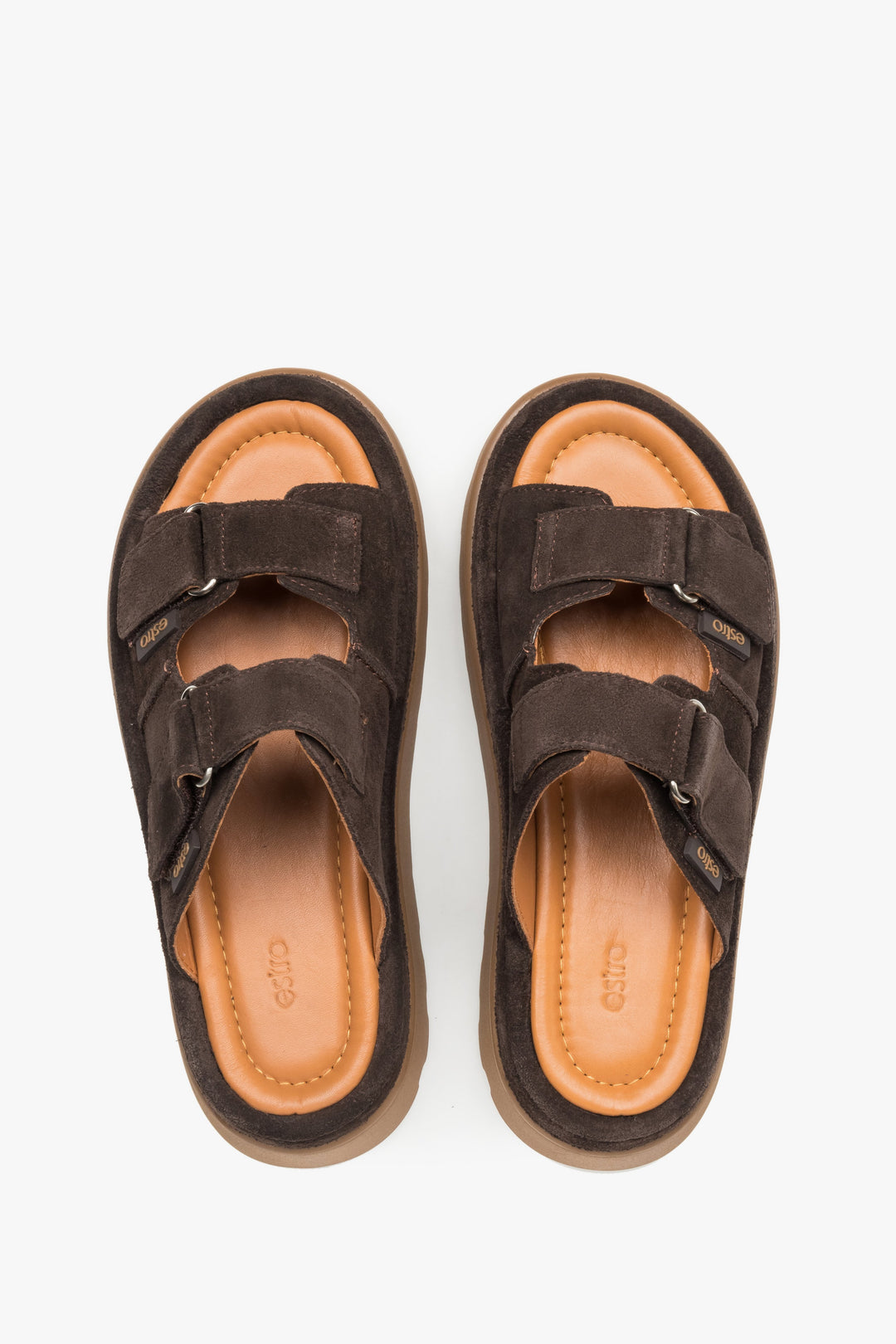 Women’s dark brown platform slide sandals made of genuine velour by Estro – top view.