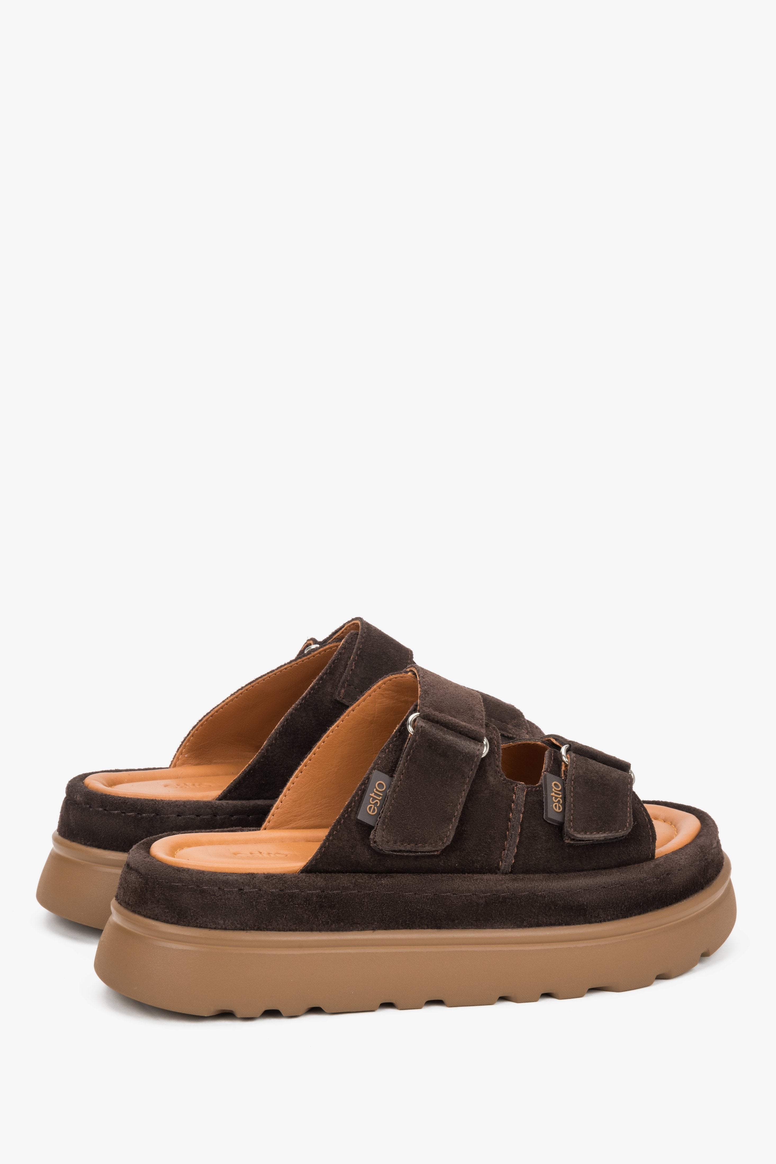 Women’s dark brown platform slide sandals by Estro made of genuine velour.