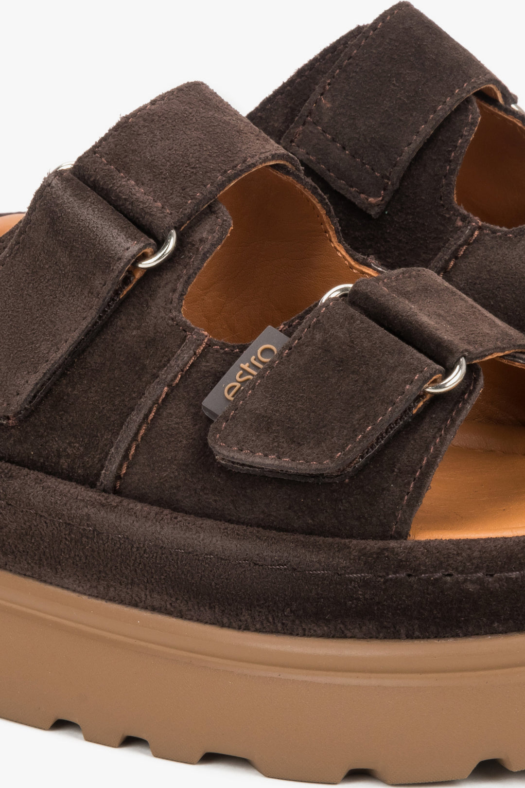 Women’s dark brown platform slide sandals made of genuine velour.