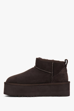 Made of genuine velour — dark brown women’s snow boots with a thick sole and fur lining, Estro.