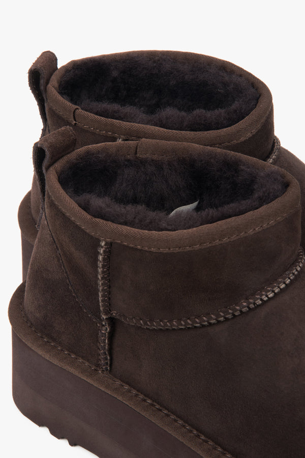 Estro women’s snow boots — dark brown, thick sole, genuine velour with fur lining.