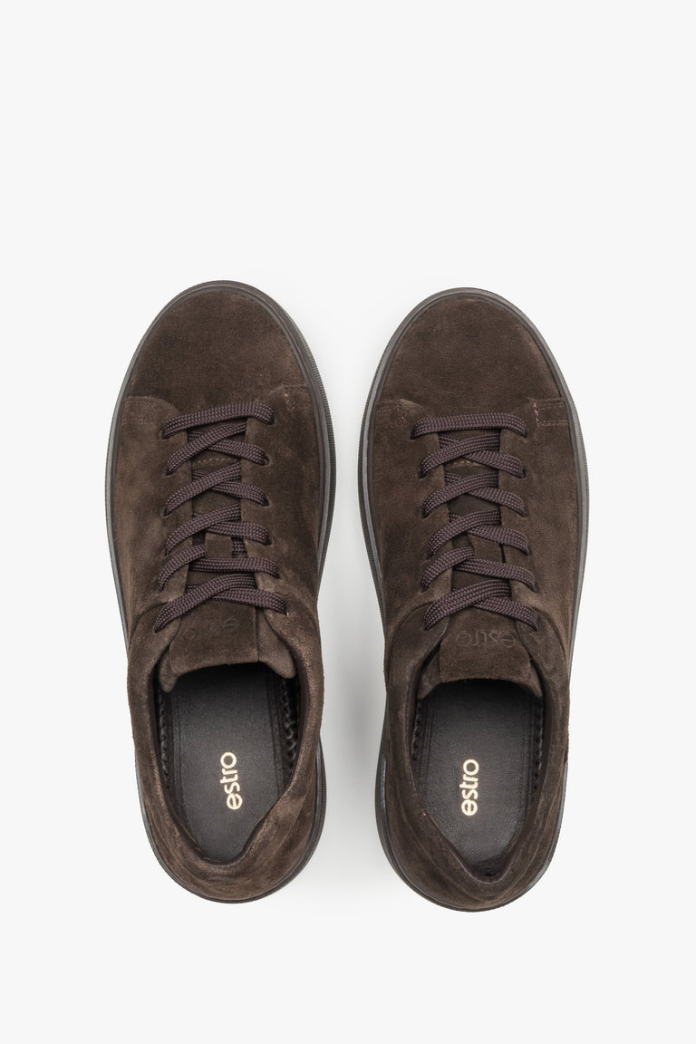 Made of premium Italian natural velour, women's dark brown sneakers Estro.