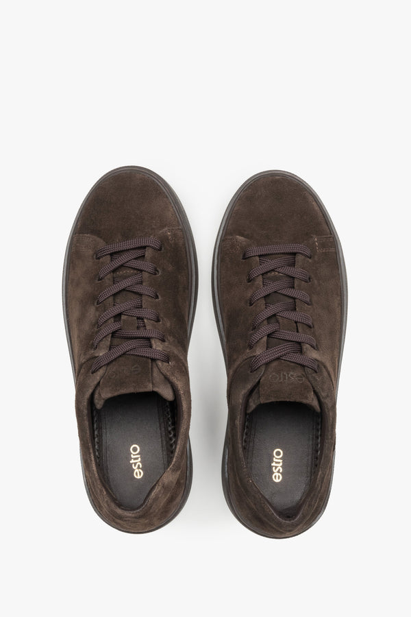 Made of premium Italian natural velour, women's dark brown sneakers Estro.