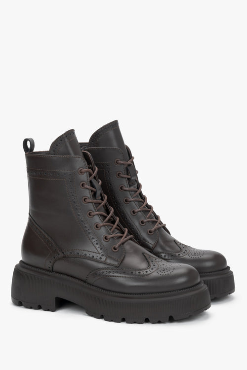 Women's Dark Brown Premium Italian Leather Ankle Boots with Folk Perforations Estro ER00120877.