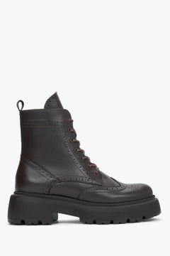 Estro - women's dark brown premium Italian leather ankle boots with folk perforations (ER00120877).