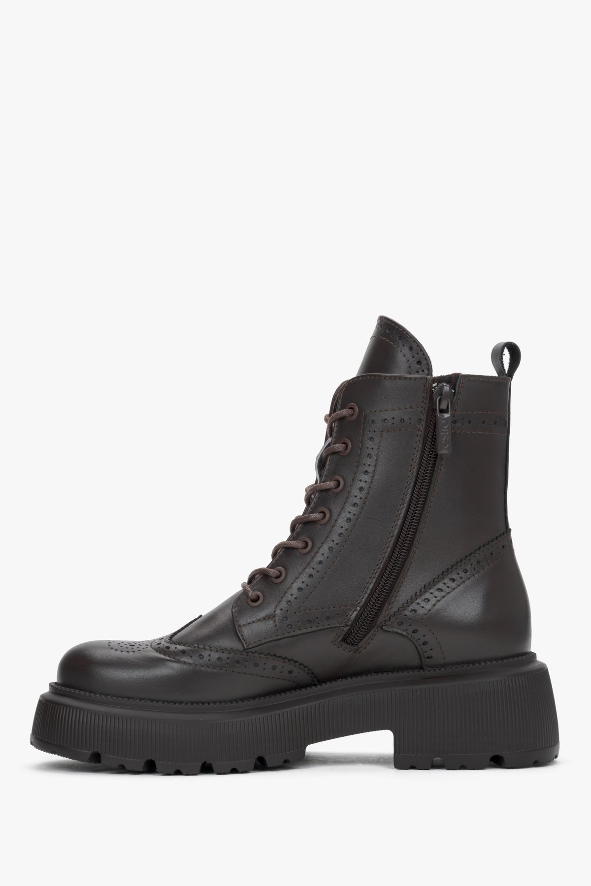 Women's dark brown leather ankle boots Estro - side profile view highlighting the elegant silhouette, sturdy heel, and side zipper closure.
