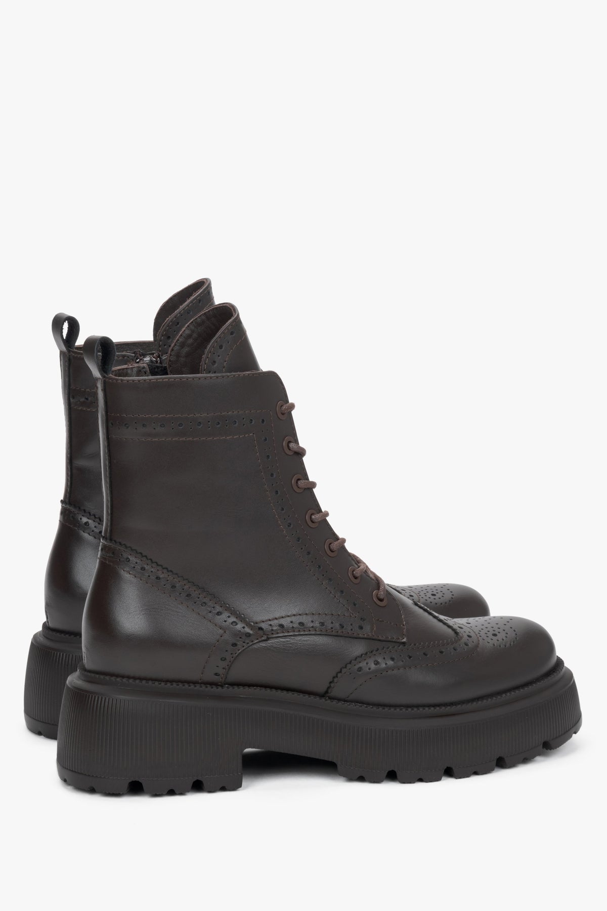 Women's dark brown Italian leather ankle boots Estro - angled view showcasing the fine craftsmanship and folk-inspired design.