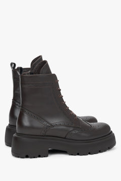 Women's dark brown Italian leather ankle boots Estro - angled view showcasing the fine craftsmanship and folk-inspired design.