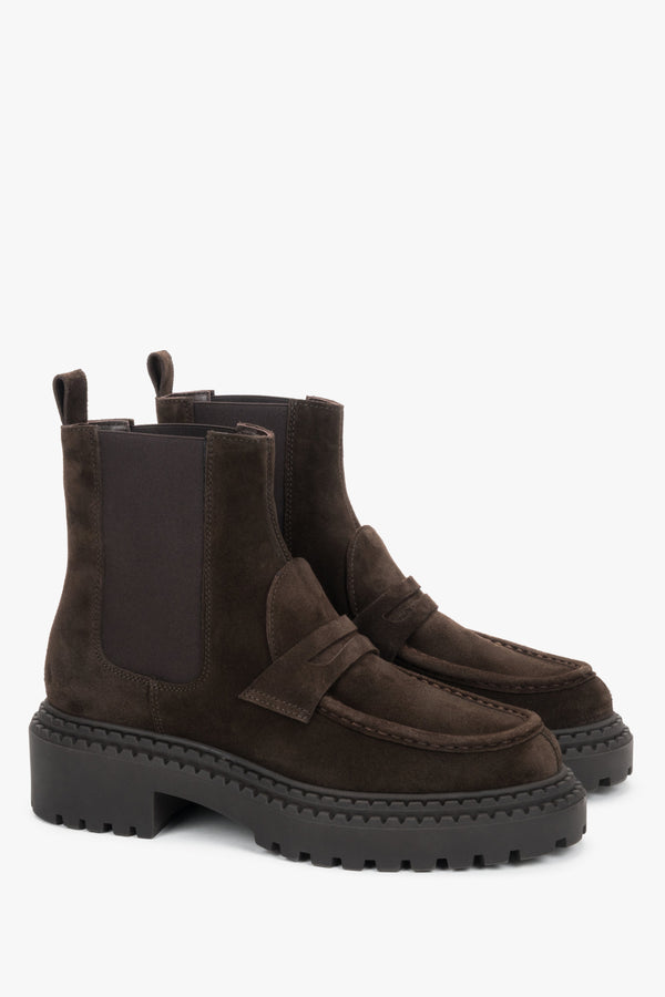 Women's Dark Brown Premium Italian Velour Chelsea Boots with Chunky Sole Estro ER00120803.
