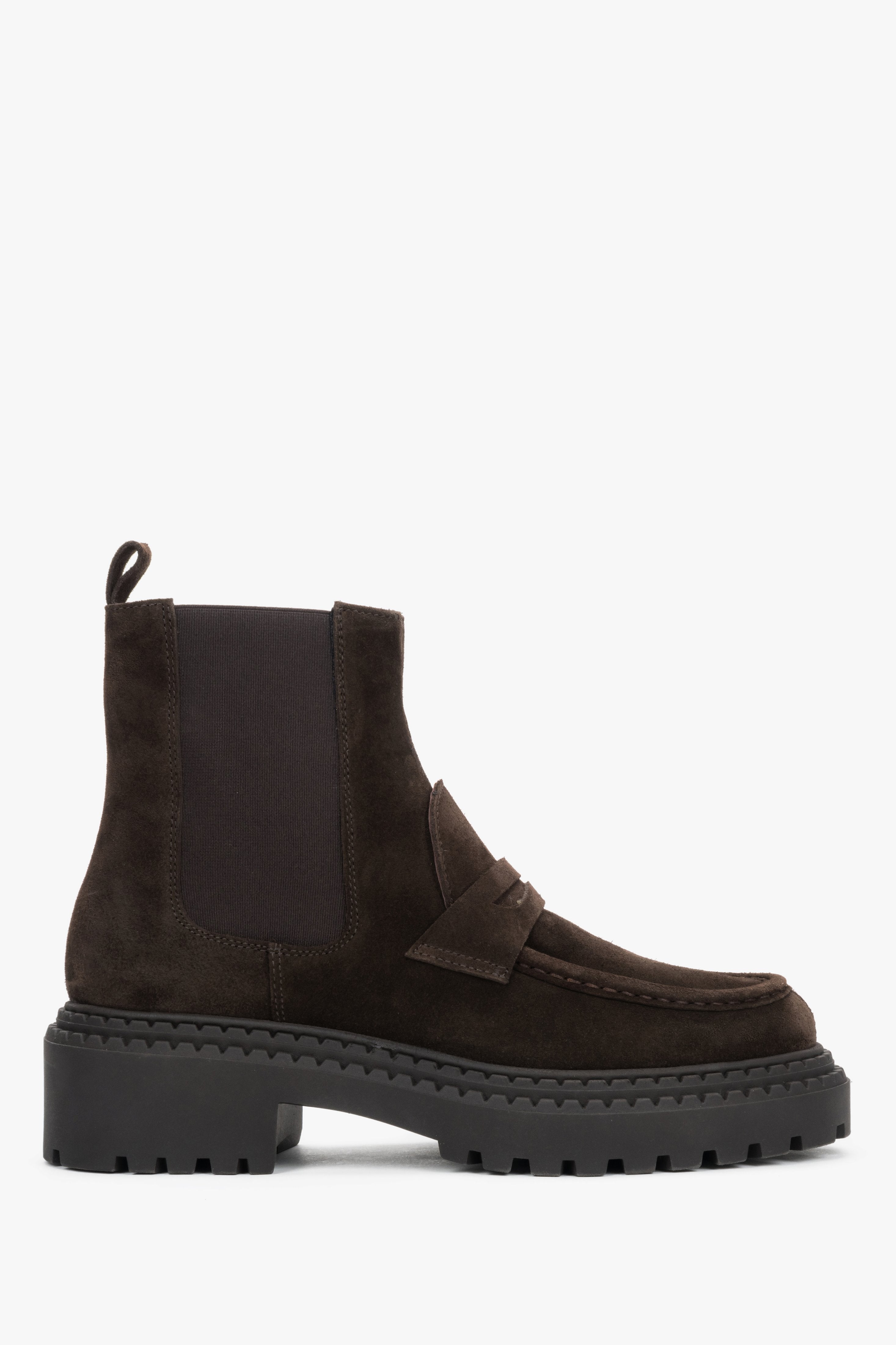 Estro - women's dark brown premium Italian velour chunky sole Chelsea boots.