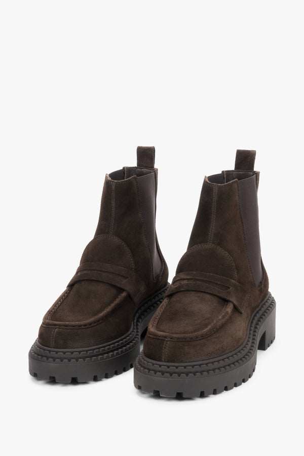 Women's dark brown genuine Italian velour Chelsea boots with lug sole Estro.