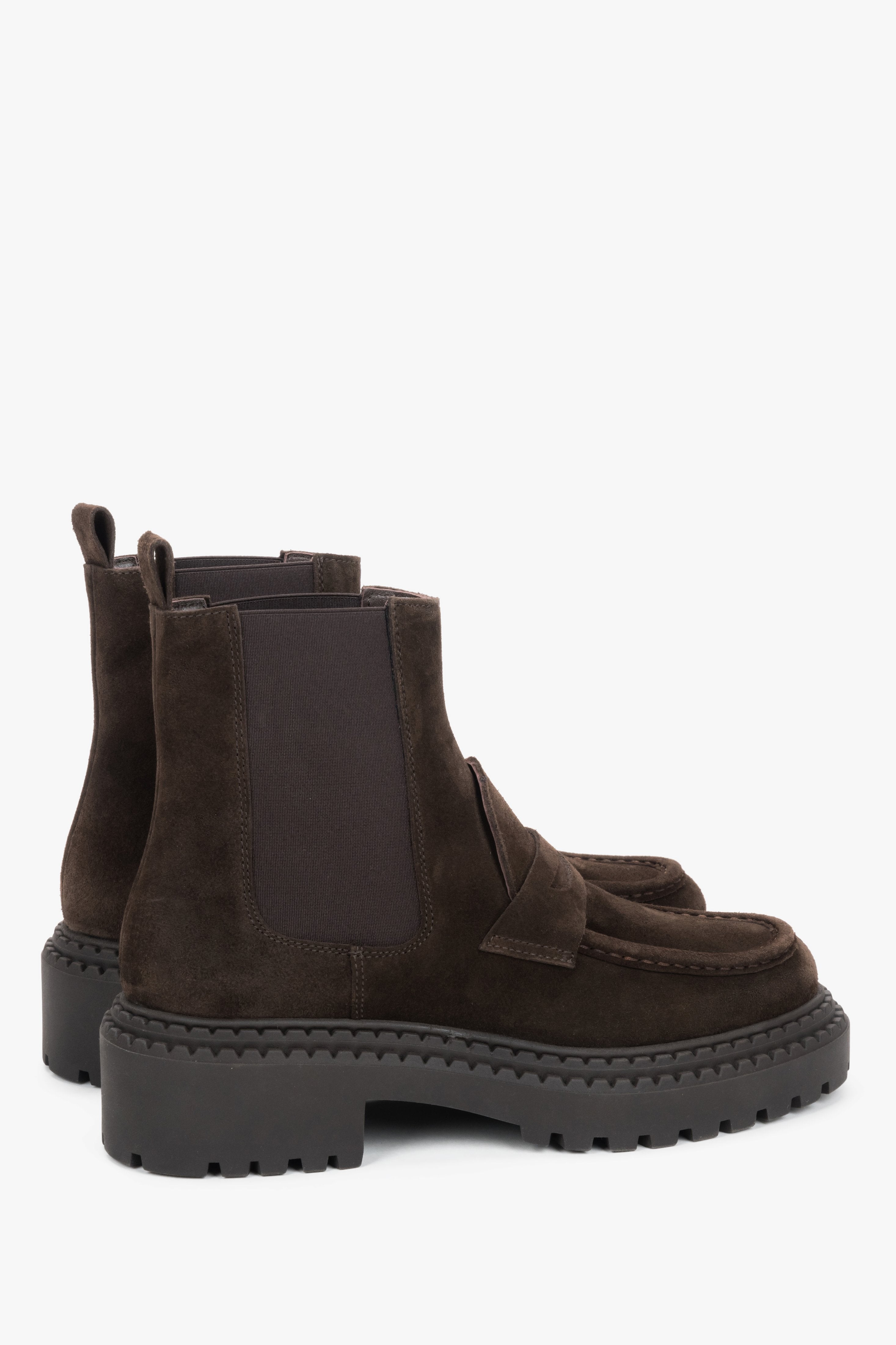 Women's dark brown Italian velour Chelsea boots Estro - side view showing chunky sole.