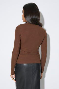 Fitted dark brown ribbed women's long-sleeve top in cotton and viscose by Estro Club.