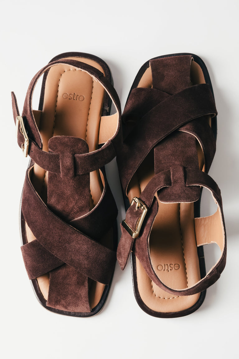 Women’s Dark Brown Sandals made of Genuine Velour with Crossed Straps and Buckle Estro ER00117651.