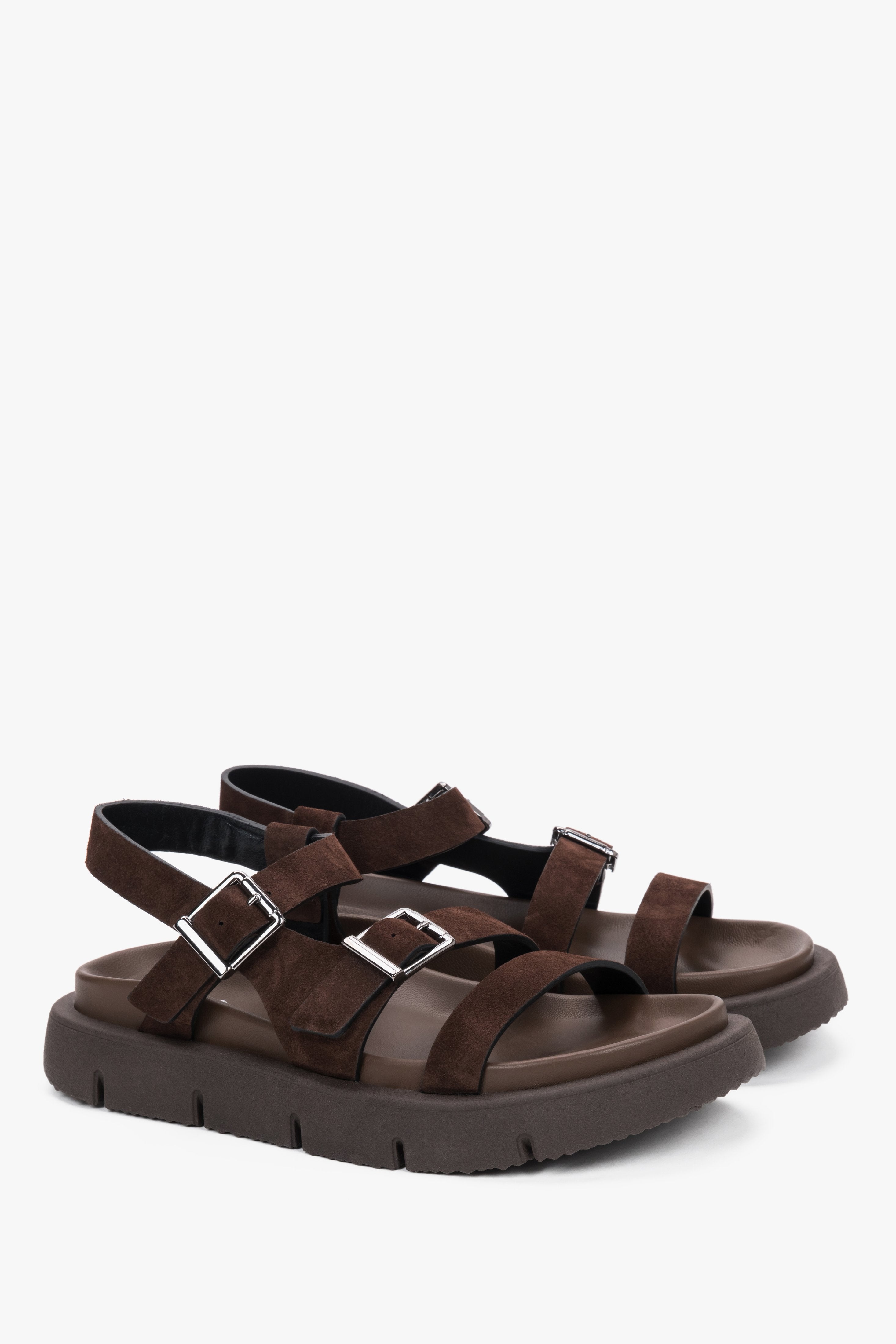 Dark brown women’s sandals made of genuine velour with flexible sole.