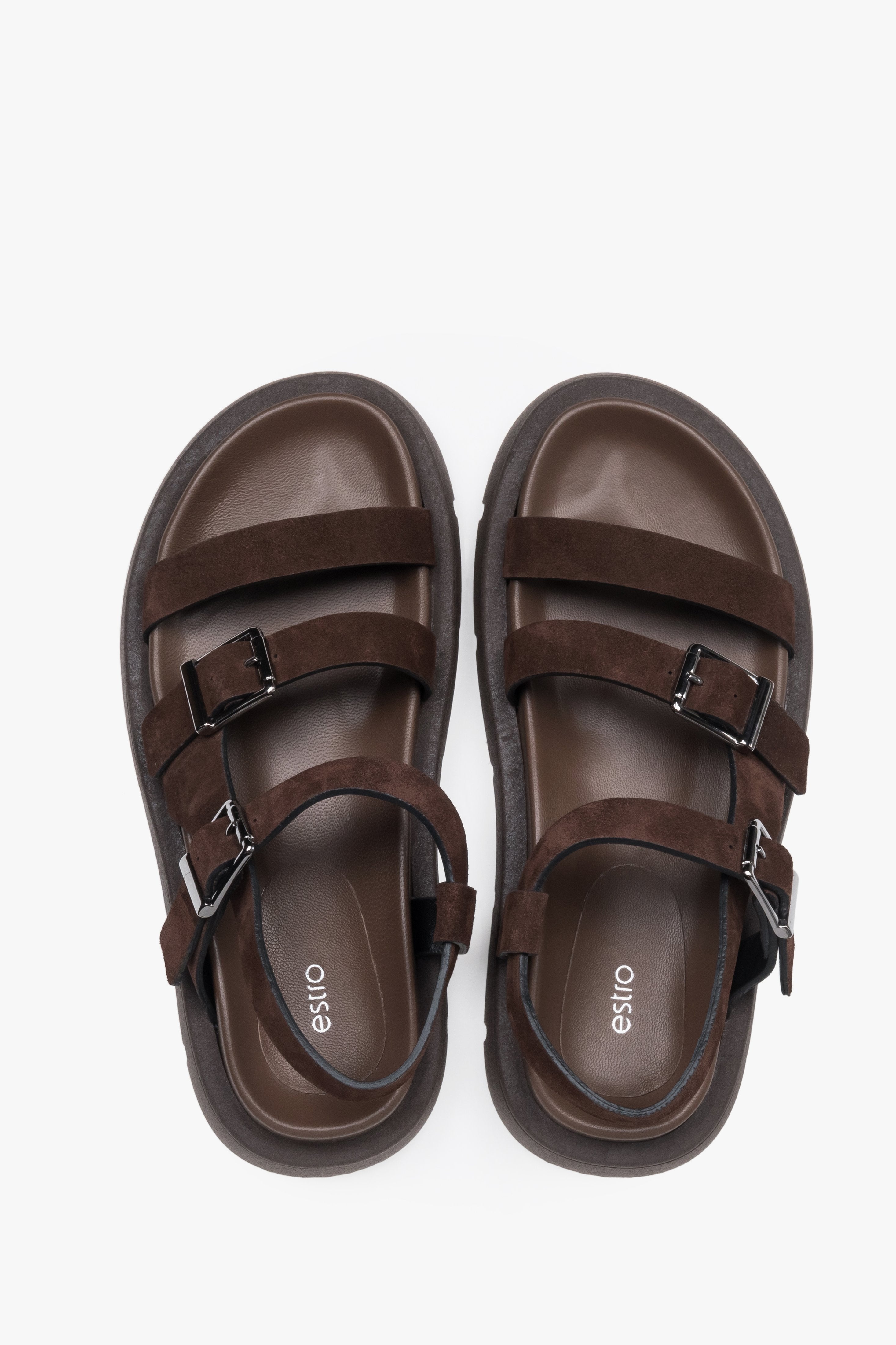 Women’s dark brown sandals on a flexible sole made of natural suede by Estro – top view.