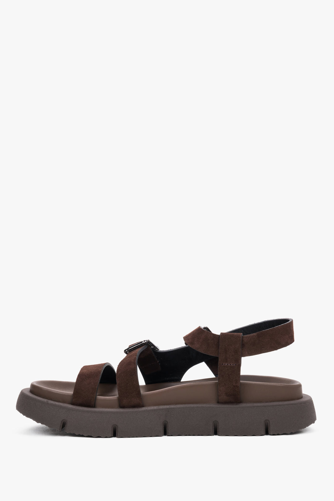Women’s dark brown sandals made of natural suede on a flexible sole by Estro.