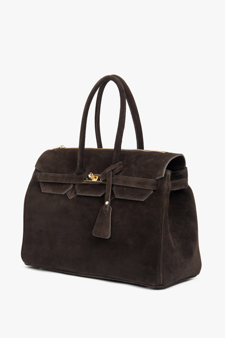 Elegant dark brown handbag crafted from premium Italian natural velour, showcasing a timeless silhouette and refined design — perfect for both casual and formal looks.