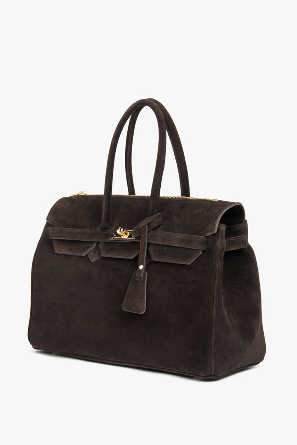 Elegant dark brown handbag crafted from premium Italian natural velour, showcasing a timeless silhouette and refined design — perfect for both casual and formal looks.