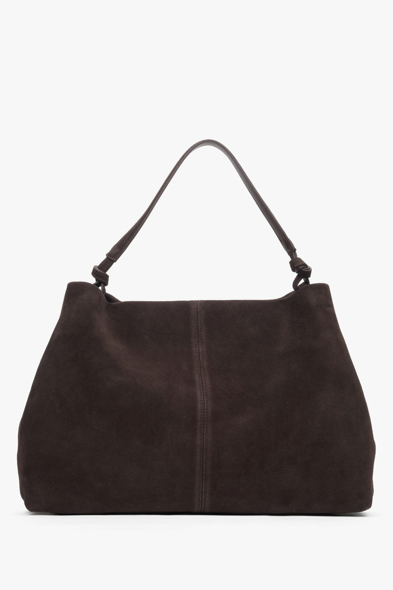 Spacious dark brown shopper bag for women in natural velour, perfect for A4 documents.