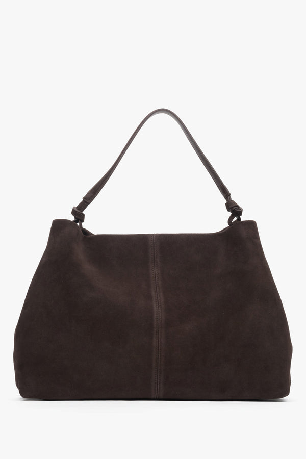 Spacious dark brown shopper bag for women in natural velour, perfect for A4 documents.