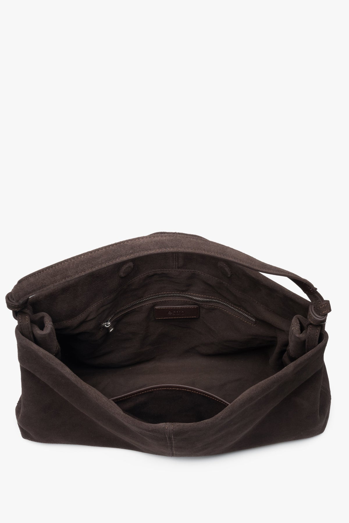 Genuine velour dark brown shopper bag with two pockets and magnetic snap closure, Estro.