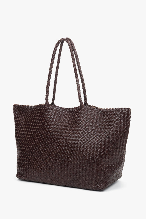 Dark brown shopper bag for women, crafted from leather, velour, and textile, Estro.