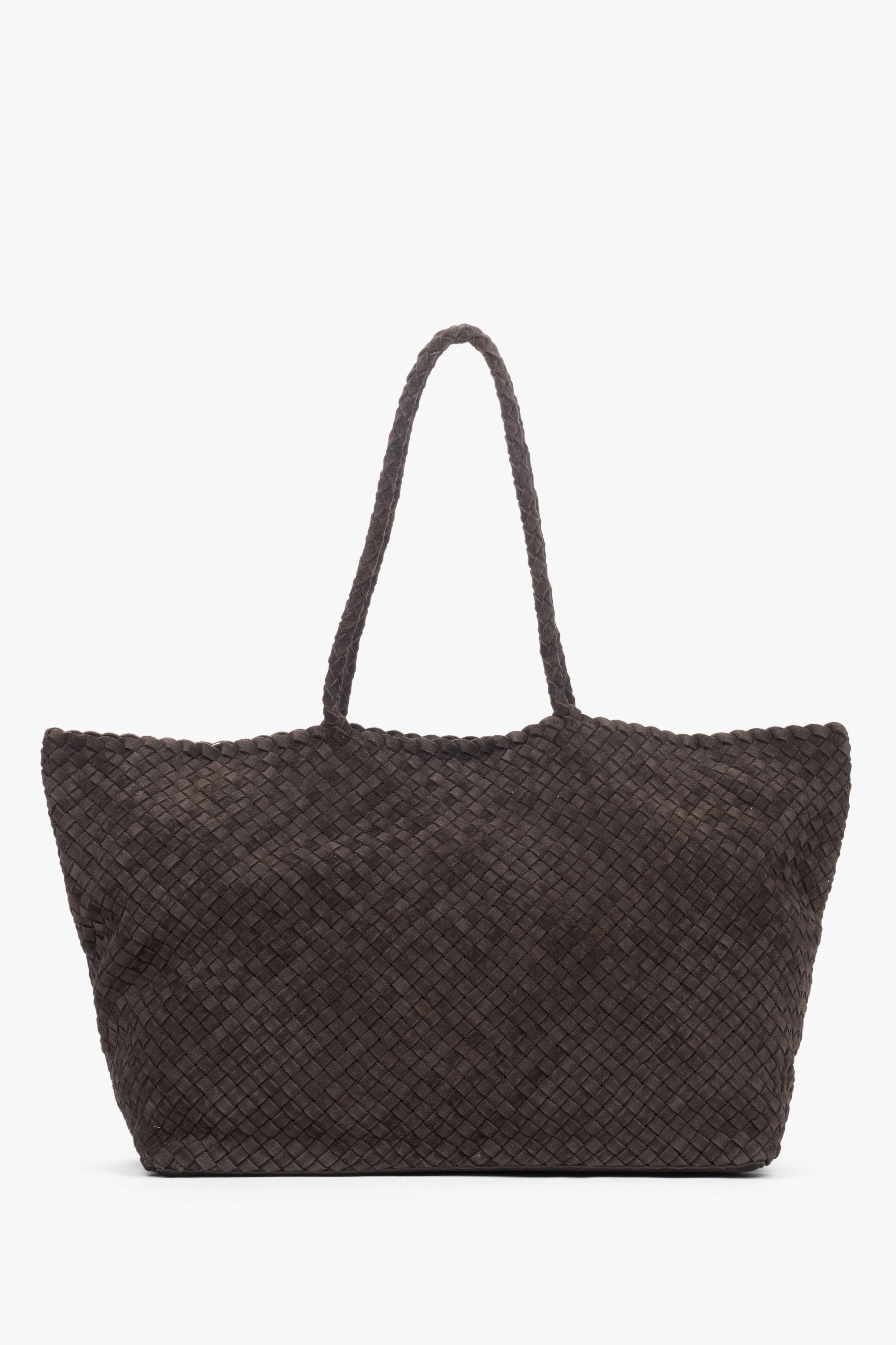 Women’s dark brown shopper bag in woven genuine Velour with leather and textile interior.