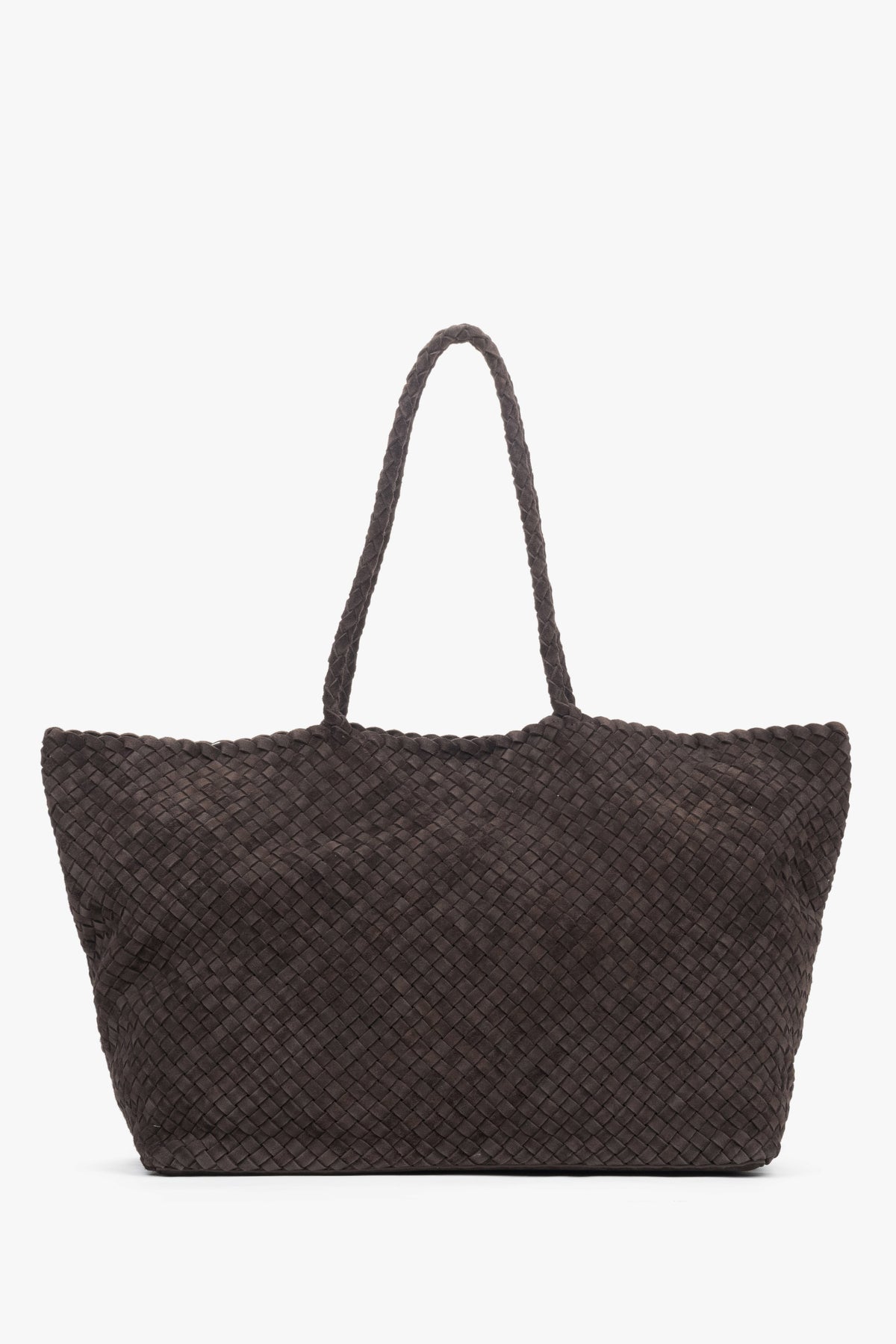 Women’s dark brown shopper bag in woven genuine Velour with leather and textile interior.