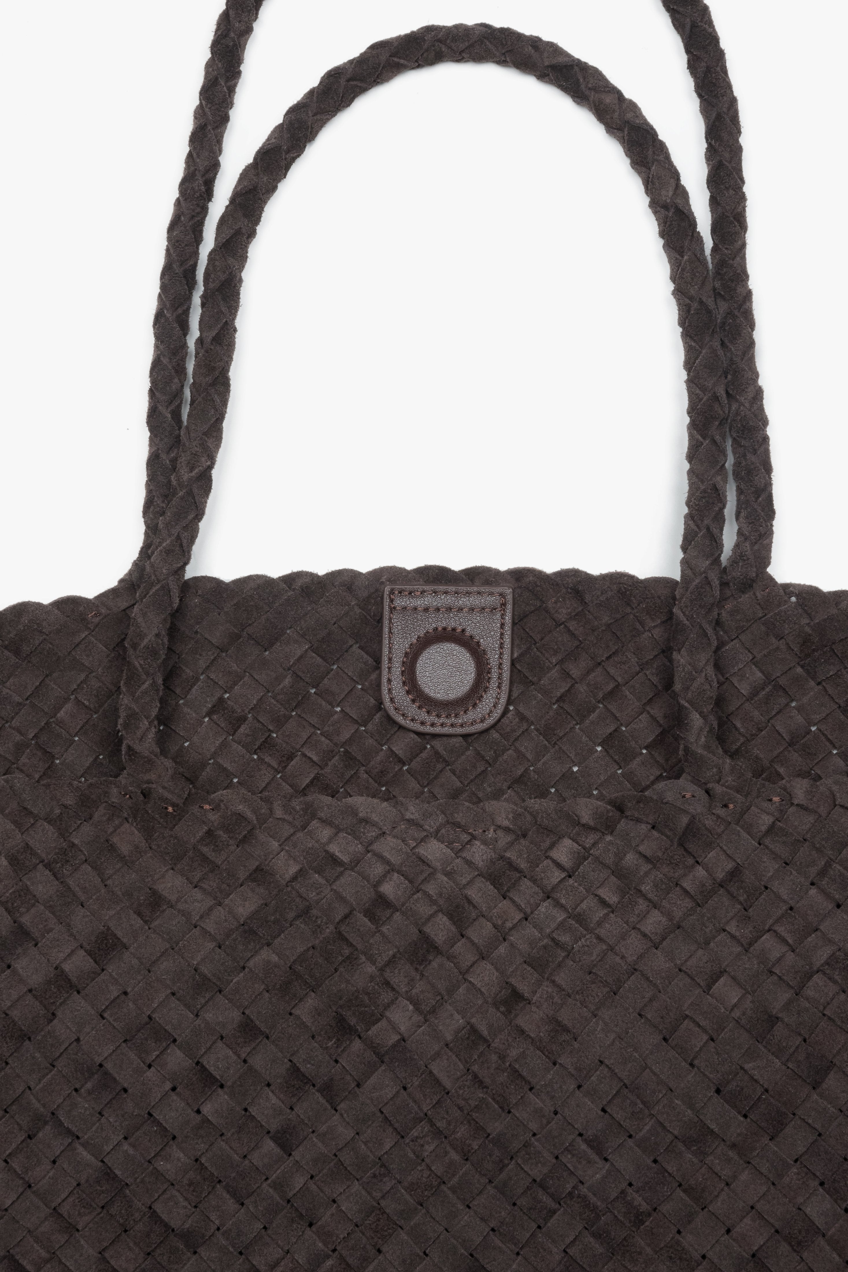 Dark brown shopper bag crafted from natural Velour with leather and textile details, Estro.