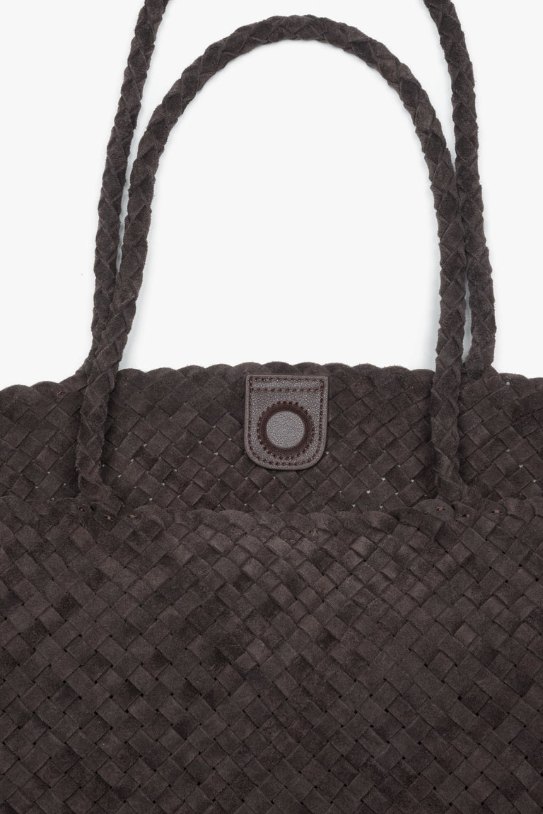 Dark brown shopper bag crafted from natural Velour with leather and textile details, Estro.